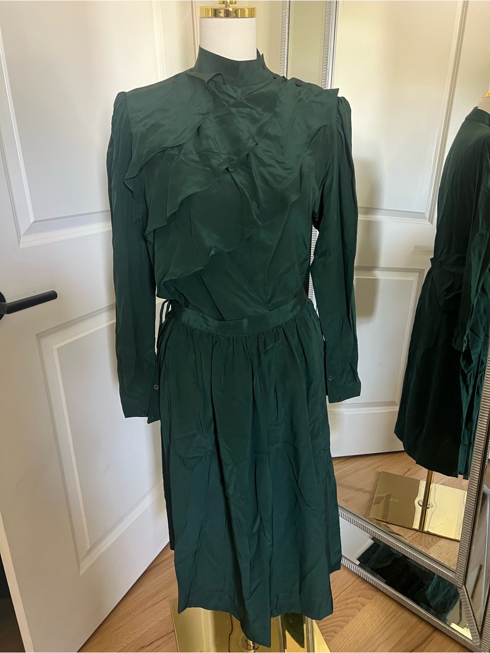 Vintage Green Long-Sleeve Ruffle Silk Blouse and matching skirt